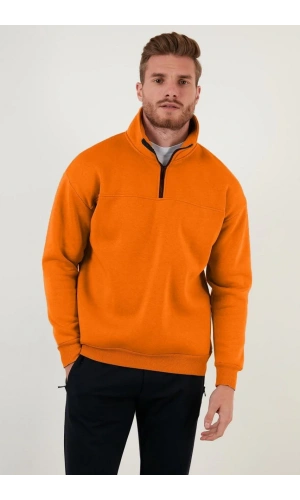 Oversize Yarım Farmuarlı Yakalı Basic SweatShirt - Turuncu