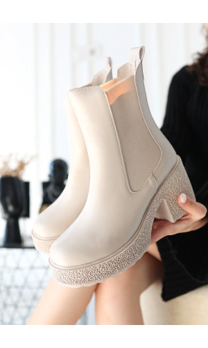 Paigo Bej Cilt Topuklu Bot