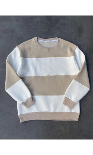 Parçalı Bisiklet Yaka Baskılı SweatShirt - Bej