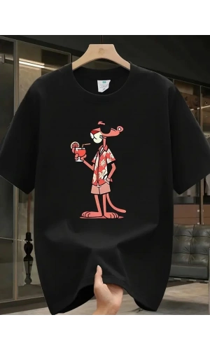 Pembe Panter Baskılı Erkek Oversize Günlük Kısa Kollu Tişört İlkbahar ve Yaz için Mükemmeldir - Siyah