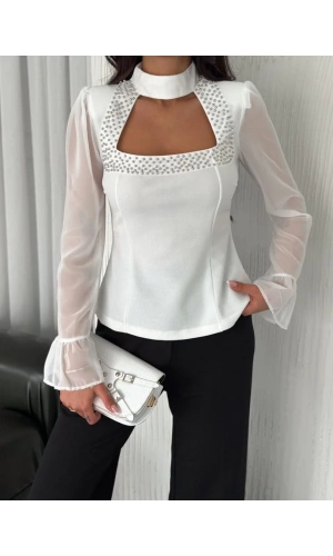 Penye Uzun Kollu Kadın Kolları Şifon Göğüste İnci Boncuk detaylı Bluz - Beyaz
