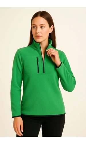 Polar Kazak – Dik Yaka, Yarım Fermuarlı, Fermuarlı Göğüs Cepli, Siyah Biyeli, Kışlık Rahat Regular Fit Günlük Model - Yeşil
