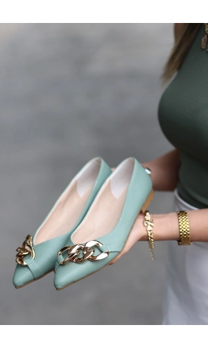 Popi Mint Yeşili Cilt Zincirli Babet Ayakkabı
