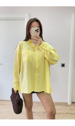 Poplin Kadın Yakalı Yandan Yırtmaçlı Arka Pens Detaylı Gömlek - Sarı