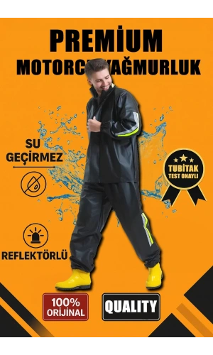 Premium Motorcu Kurye Yağmurluk Takım Su Geçirmez PVC Kumaş Reflektörlü TÜBİTAK Onaylı - Siyah