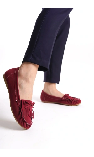 PS-100 Bordo Süet Püsküllü Günlük Kadın Babet
