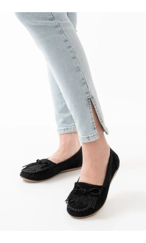 PS-100 Siyah Süet Püsküllü Günlük Kadın Babet