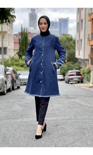 Püsküllü Kot Ceket Koyu Mavi