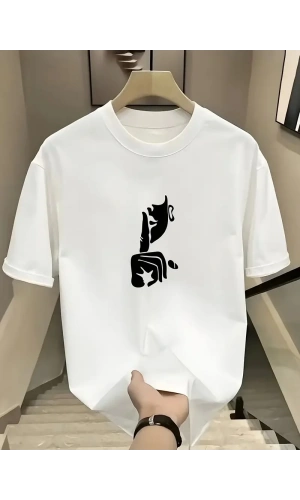 Rahat Bisiklet Yaka Tişört, Yaratıcı Karikatür Baskı - Yumuşak Polyester, Her Mevsim Giyilebilir- Beyaz