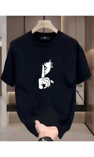 Rahat Bisiklet Yaka Tişört, Yaratıcı Karikatür Baskı - Yumuşak Polyester, Her Mevsim Giyilebilir- Siyah