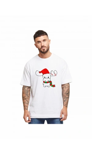 Ren Geyiği baskılı Noel İçin T-shirt - Beyaz