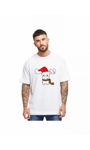 Ren Geyiği Baskılı Noel İçin T-shirt - Beyaz