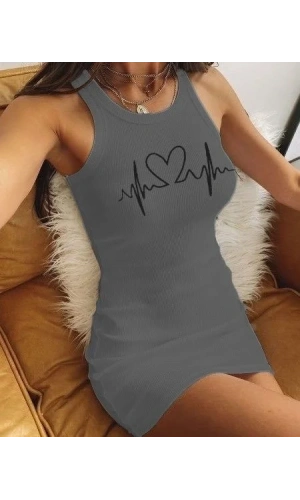 Ritim Kalp Baskılı Sıfır Kol Kaşkorse Elbise