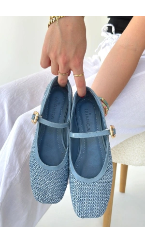 Rives Mavi Cilt Hasır Dokumalı Babet Ayakkabı