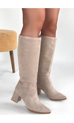 Roksa Bej Süet Topuklu Çizme