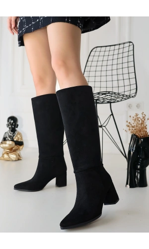 Roksa Siyah Süet Topuklu Çizme