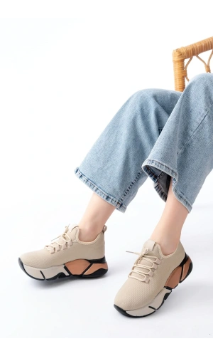 RS-400  Bej Bağcıklı Fileli Renkli Taban Günlük Kadın Spor