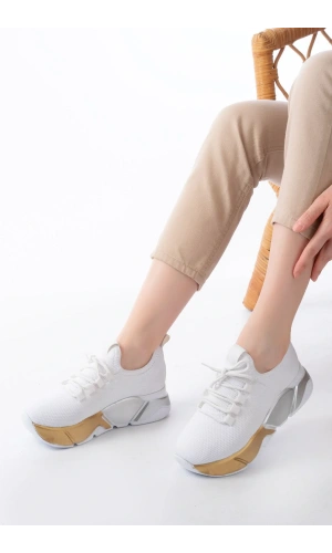 RS-400  Beyaz Bağcıklı Fileli Renkli Taban Günlük Kadın Spor