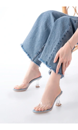 S-619 Bebe Mavi Rugan Şeffaf Bantlı Şeffaf Topuklu Yuvarlak Burunlu Kadın Terlik