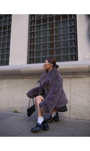 Salaş Sakallı Yumuşak Dokulu Yakalı Cepli Suni Kürk - füme