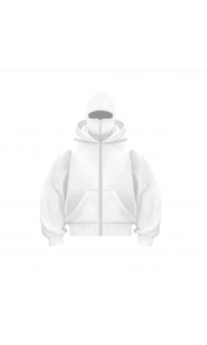 Samuray Ninja Çift Kapşonlu ZIP Fermuarlı Kanguru Çepli Tam Fermuarlı Hoodie Swetshirt - Beyaz