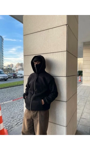 Samuray Ninja Çift Kapşonlu ZIP Fermuarlı Kanguru Çepli Tam Fermuarlı Hoodie Swetshirt - Siyah