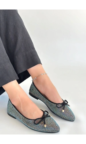 Sarra Siyah Saten İşlemeli Babet Ayakkabı