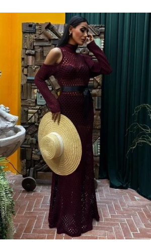 Saten Kuşaklı Ajurlu Triko Elbise 2847