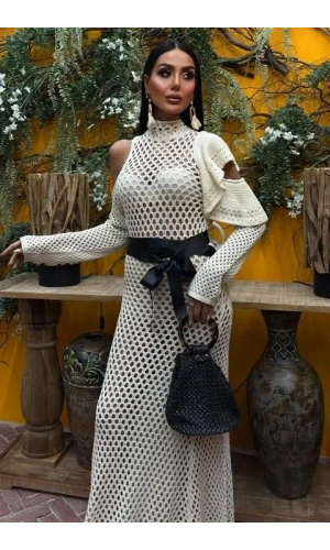 Saten Kuşaklı Ajurlu Triko Elbise 2847