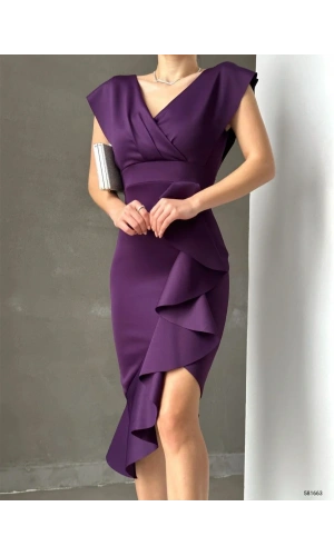 Scuba Kumaş Önü Fırfırlı Midi Boy Elbise