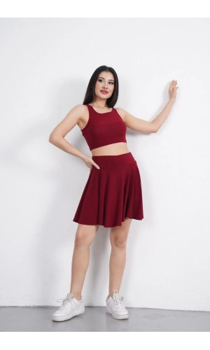 Sendy Kumaş Bisiklet Yaka Crop Şortlu Etek ikili Takım - Bordo