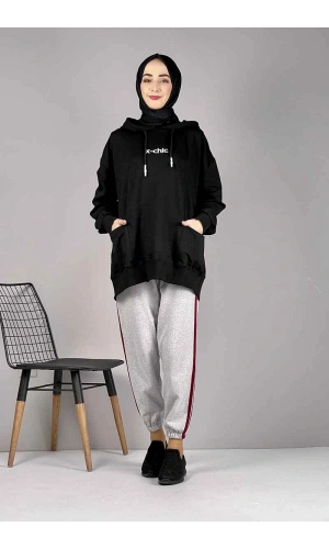 Şerit Detaylı Eşofman Altı Gri Kırmızı