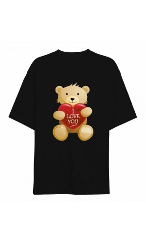 Sevgililer Günü İçin Özel Tasarım I Love You Ayı Baskılı T-shirt - Siyah