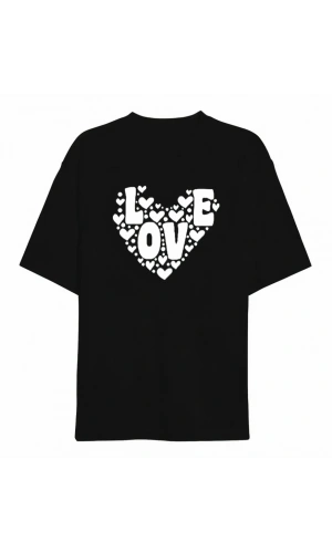 Sevgililer Günü İçin Özel Tasarım Love Kalp Baskılı T-shirt - Siyah