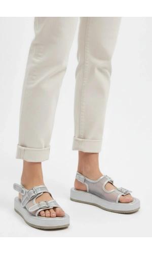 Sinna Gümüş Cilt Tül Detaylı Sandalet