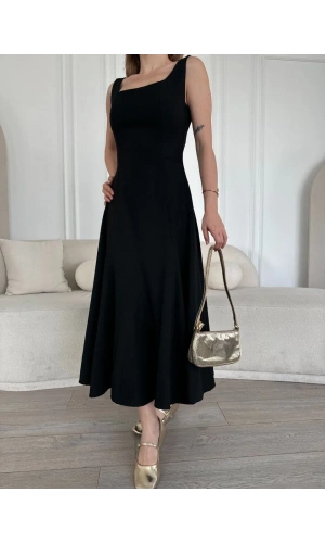 Sırt Dekolteli Kolsuz Uzun Elbise - Siyah