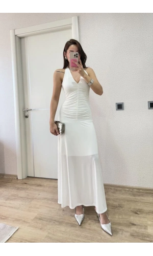 Sırt dekolteli Uzun Elbise - Beyaz