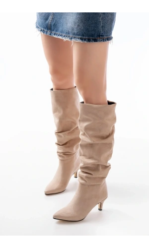 SR-2001 Bej Süet İnce Topuklu Günlük Bayan Çizme