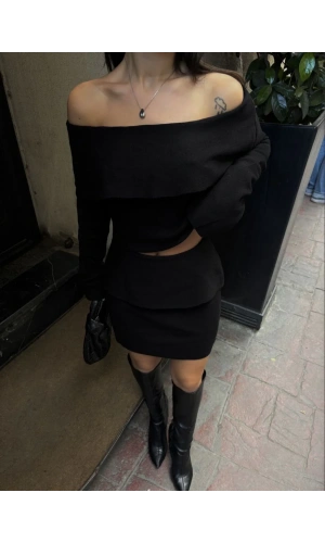 Straplez , Madonna , Carmen Yaka Croplu Mini Etekli ikili Takım Triko - Siyah