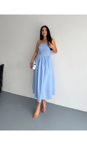 Straplez Pileli Elbise - Açık Mavi