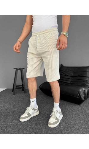 Su Yolu Çizgili Ön Arka Cepli Şort Yazlık Nefes Alabilir - Bej