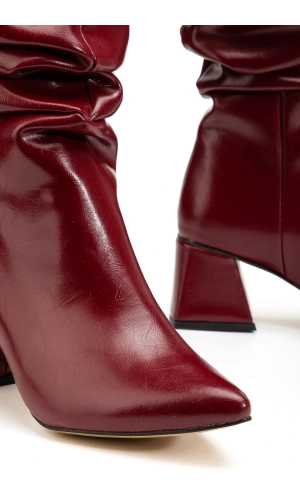 SYT-2002 Bordo Kırışık Rugan Körüklü Kalın Topuklu Günlük Bayan Çizme