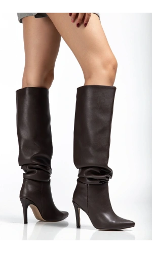 SYT-2003 Kahve Körüklü İnce Topuklu Günlük Bayan Çizme