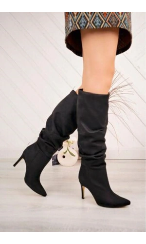 SYT-2003 Siyah Süet Körüklü İnce Topuklu Günlük Bayan Çizme