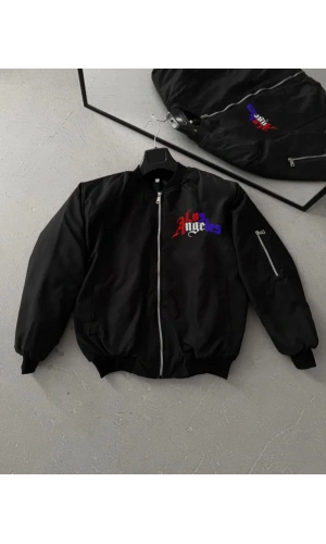 Tam Fermuarlı Uzun Kol Baskılı Bomber Ceket - Siyah