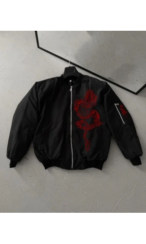 Tam Fermuarlı Uzun Kol Baskılı Bomber Ceket - Siyah