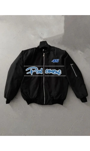 Tam Kalıp Uzun Kol Baskılı Bomber Ceket - Siyah