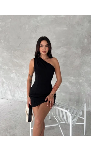 Tek Omuzlu Kolsuz Mini Boy Elbise - Siyah