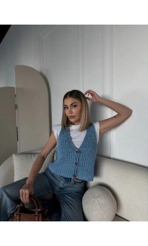 Triko Kolsuz Düğmeli Yelek - Mavi