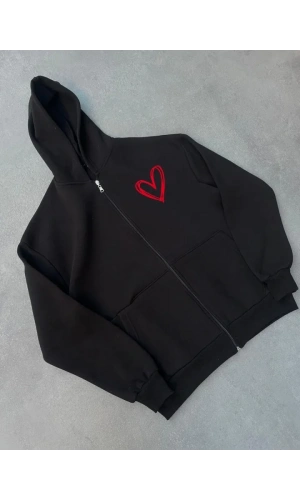 Üç İplik Baskılı Fermuarlı Kapşonlu Hırka - Siyah